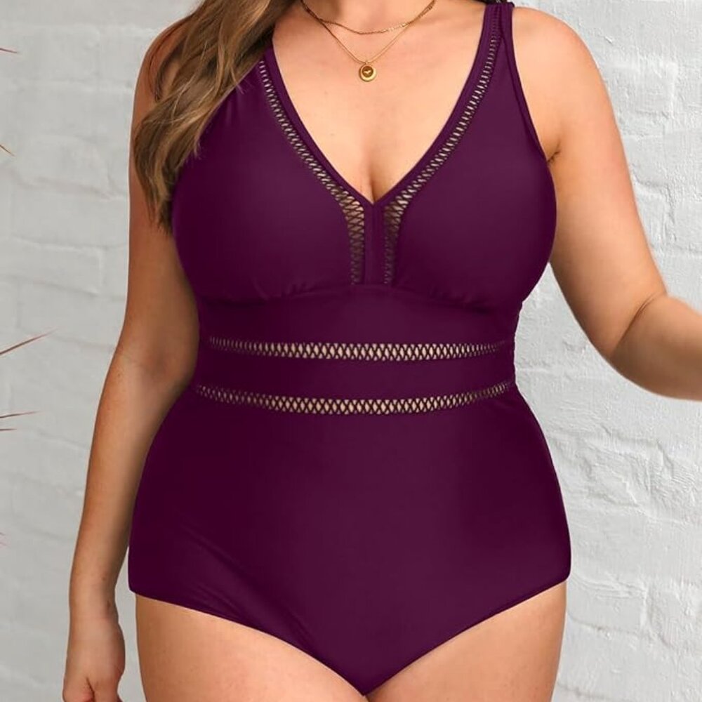 Daci One Piece Swimsuit Sexy Hollow Out V-Neck Plus Size 22W Merlot Burgundy